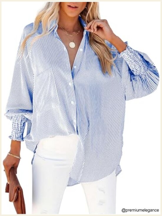 Tops - Wrinkle-Resistant Striped Oversized Button Down Blouse